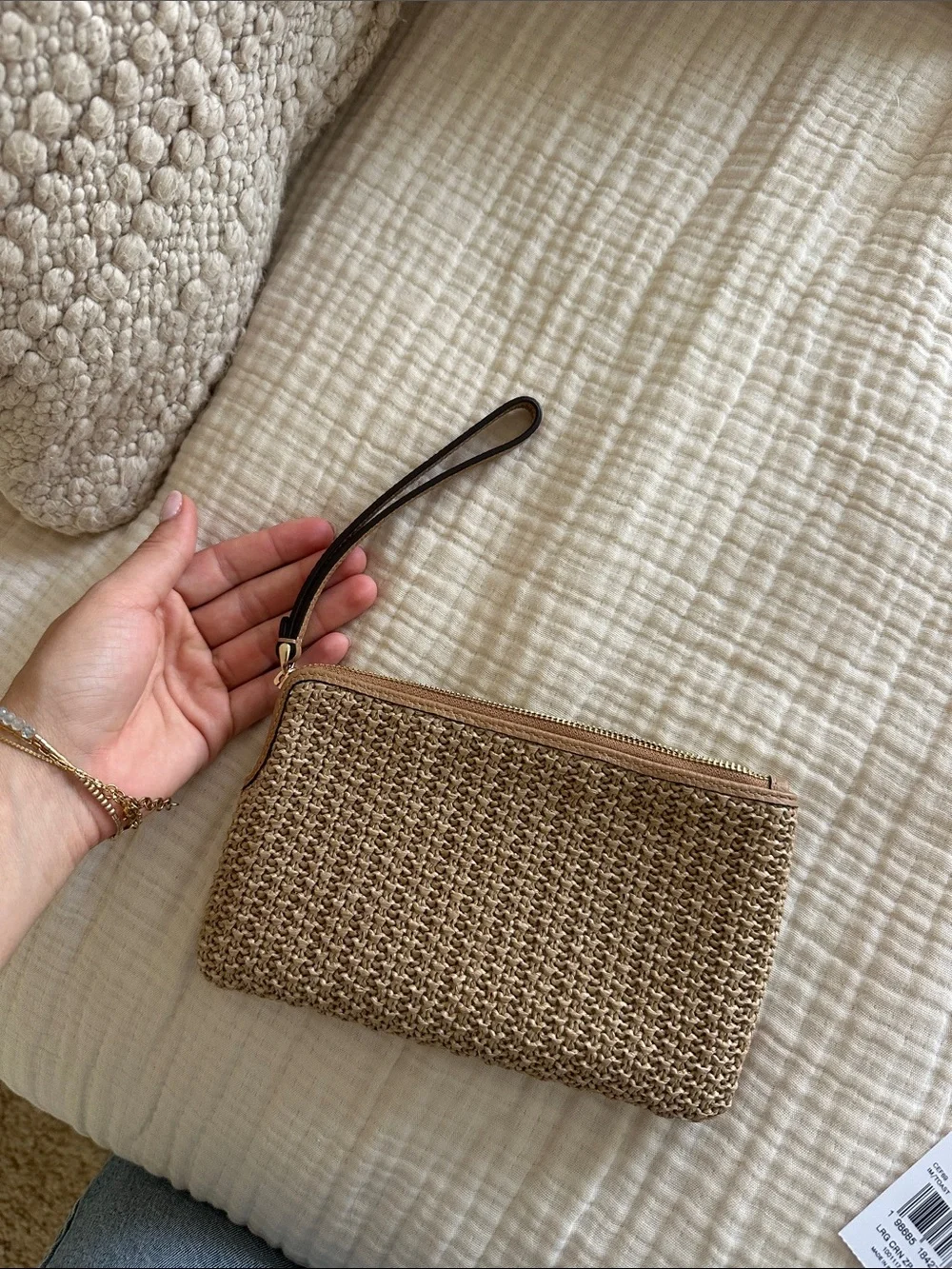 Coach Straw Zip Wristlet in Natural Tan